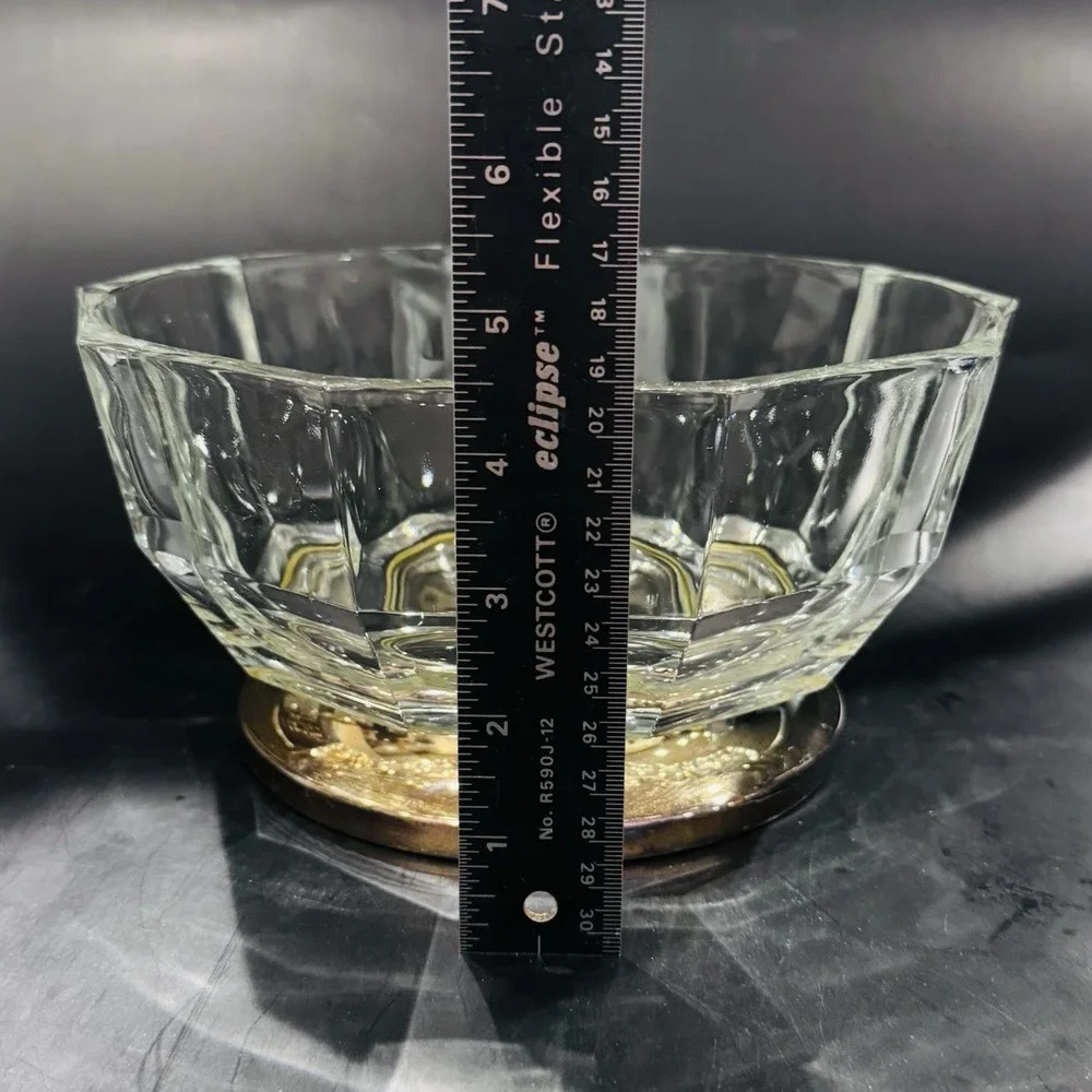 Vintage MCM Faceted Thick Italian Glass Centerpiece Bowl w Brass‎ Tone Metal Rim